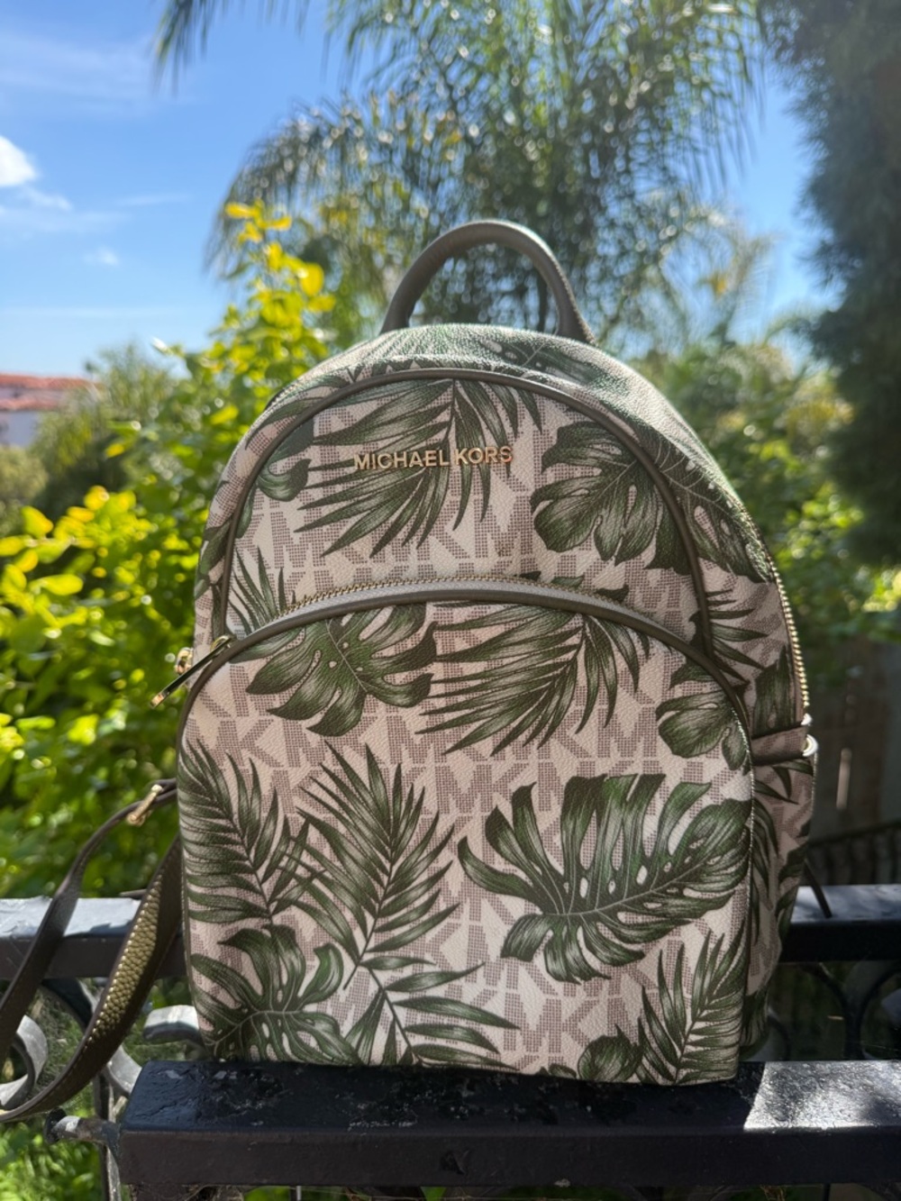 Michael Kors Green Leaf Print Backpack - Picture 1 of 3